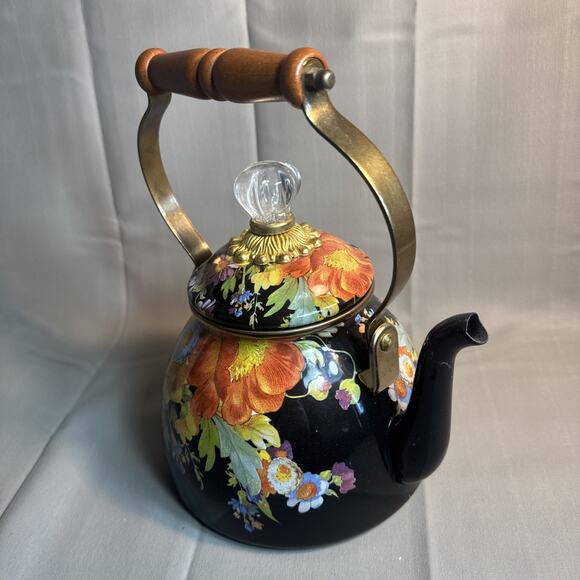 McKenzie-Child’s 2 Qt teapot Kettle Black Flowers Excellent Condition - Picture 4 of 7